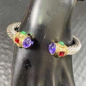 Vintage Style Cable Bracelet Cuff Cabochons MultiColor Silvertone Goldtone